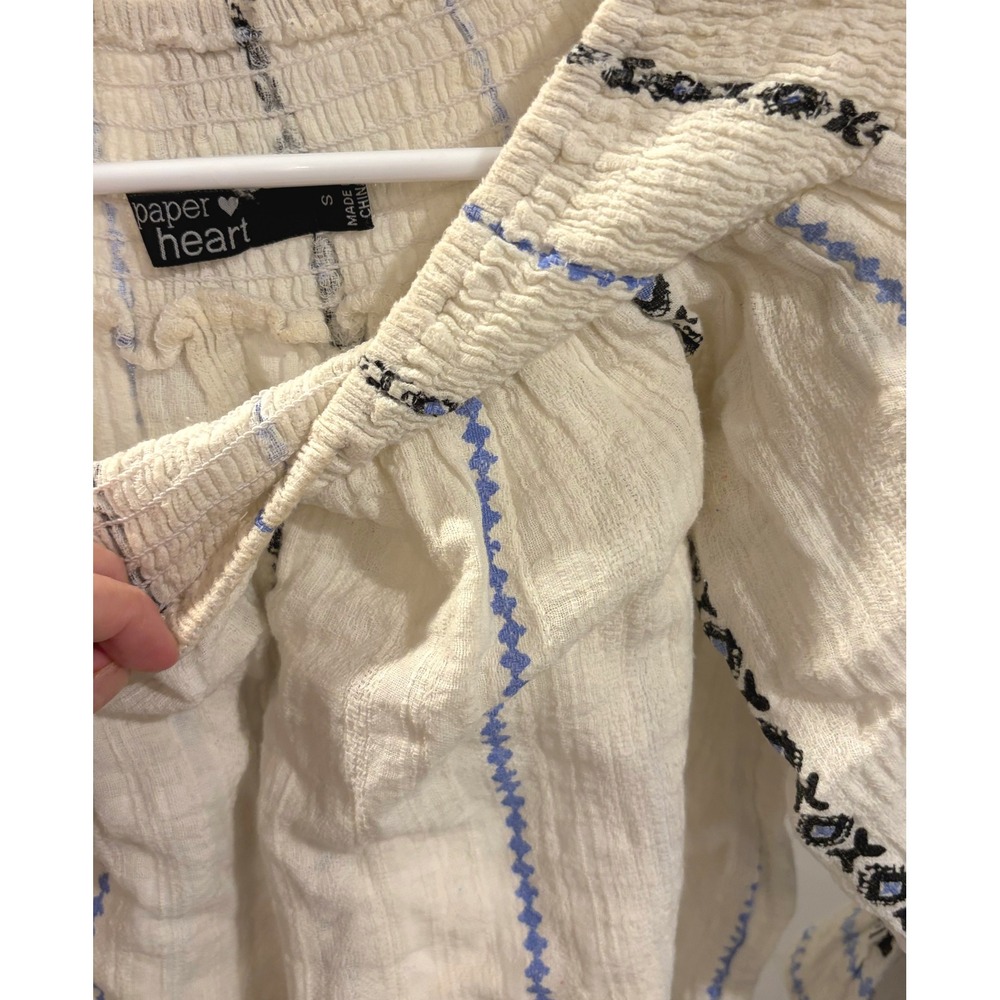 Boho Cottage Embroidered Off the Shoulder Top Small Linen Blend Smocked Crop - Picture 2 of 5